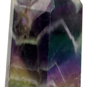 Standing rainbow amethyst aura polished crystal point 11 sians emporium Polished rainbow amethyst aura quartz generator point showing iridescent green violet and gold metallic sheen over natural chevron banding